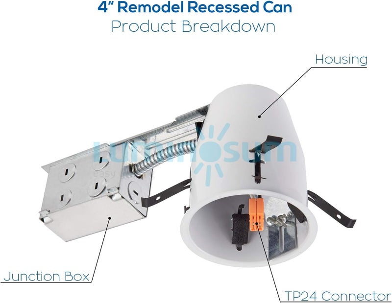 LUMINOSUM 4 Inch Remodel Recessed Lighting Housing, IC Rated Air Tight Ceiling Can with J-Box, TP24 Connector and E26 Socket, UL-Listed Easy Install, 8-Pack - Image 4
